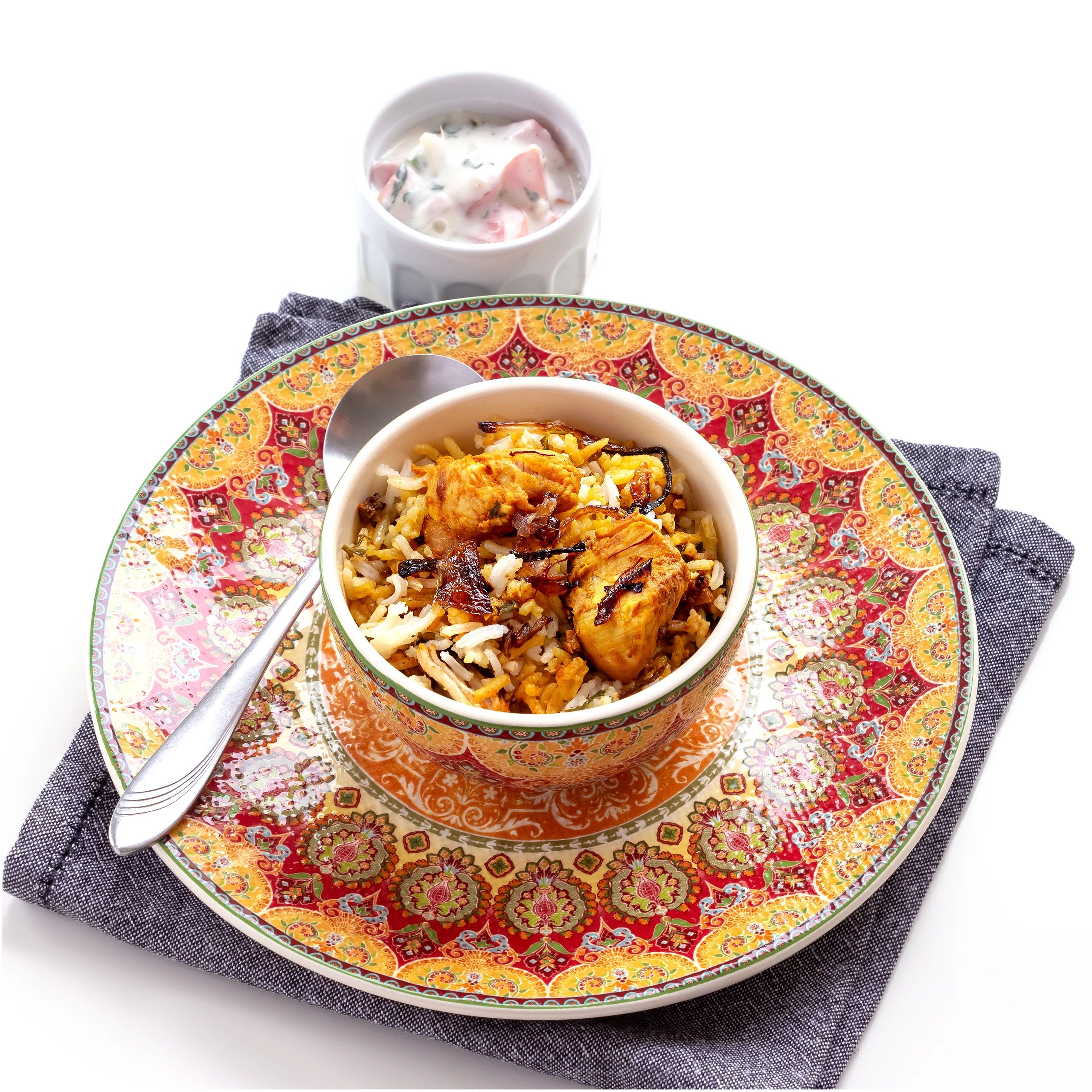 Chicken biryani plated for service