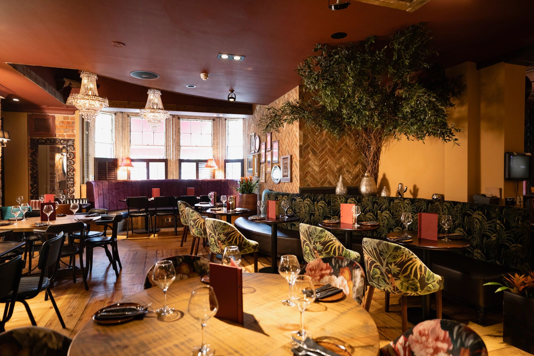 Warm restaurant dining room interior